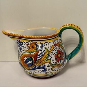 DERUTA RAFFAELLESCO PITCHER SERVEWARE POTTERY ITALY DRAGON WHITE YELLOW BLUE